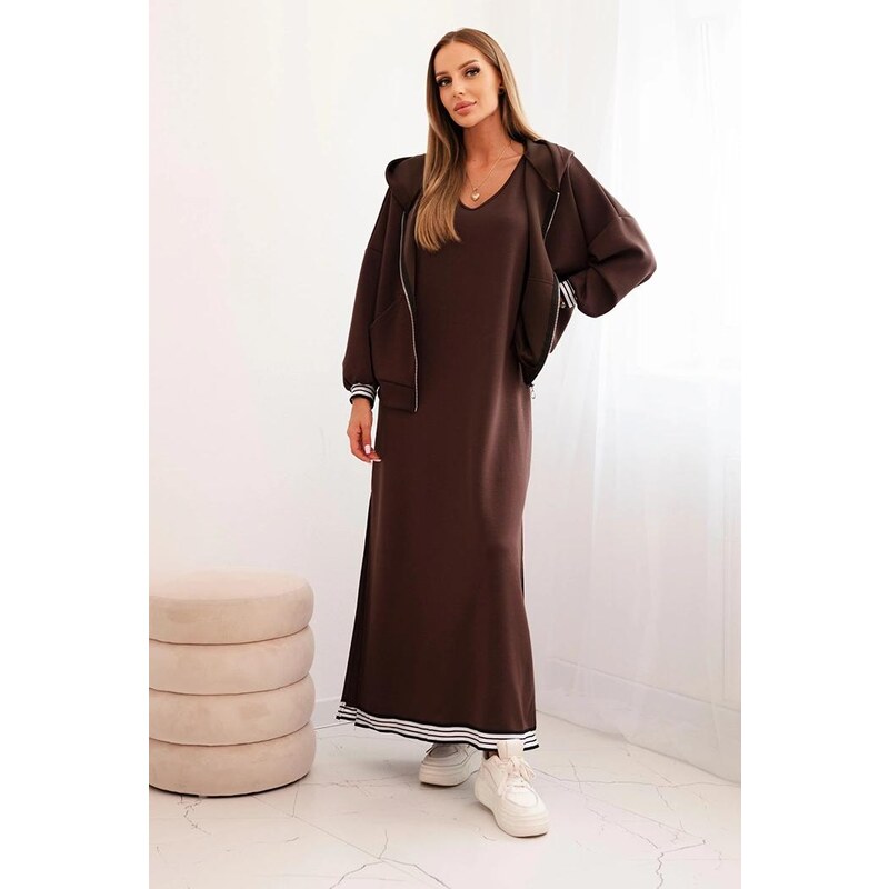 MladaModa Komplet dlhých šiat a mikiny na zips model 00103 hnedý 65082528