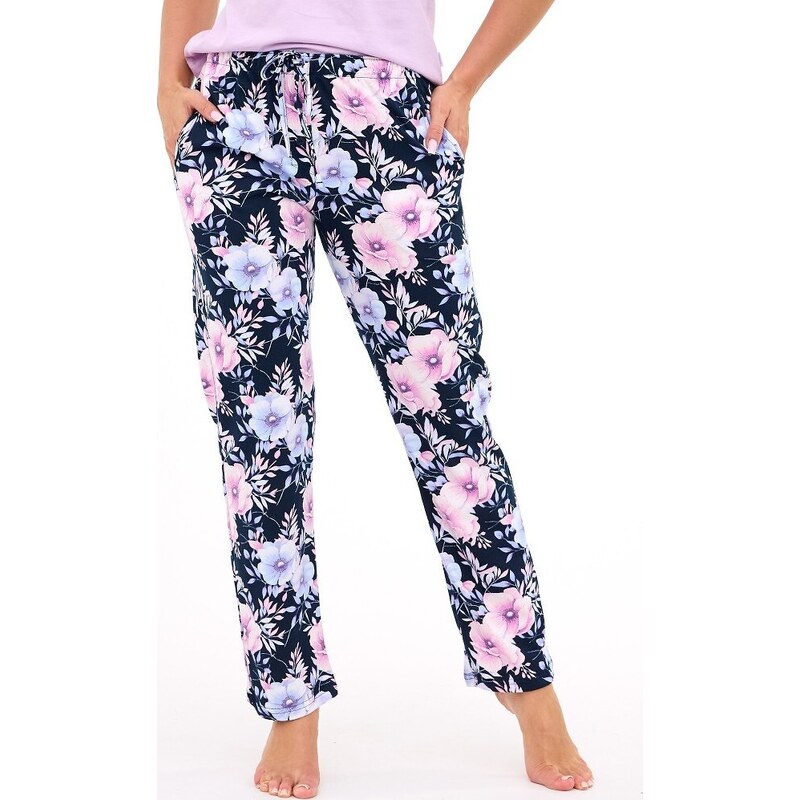 Tmavomodré dámske pyžamové nohavice s kvetinami Cornette 690/48 S-2XL 65152088
