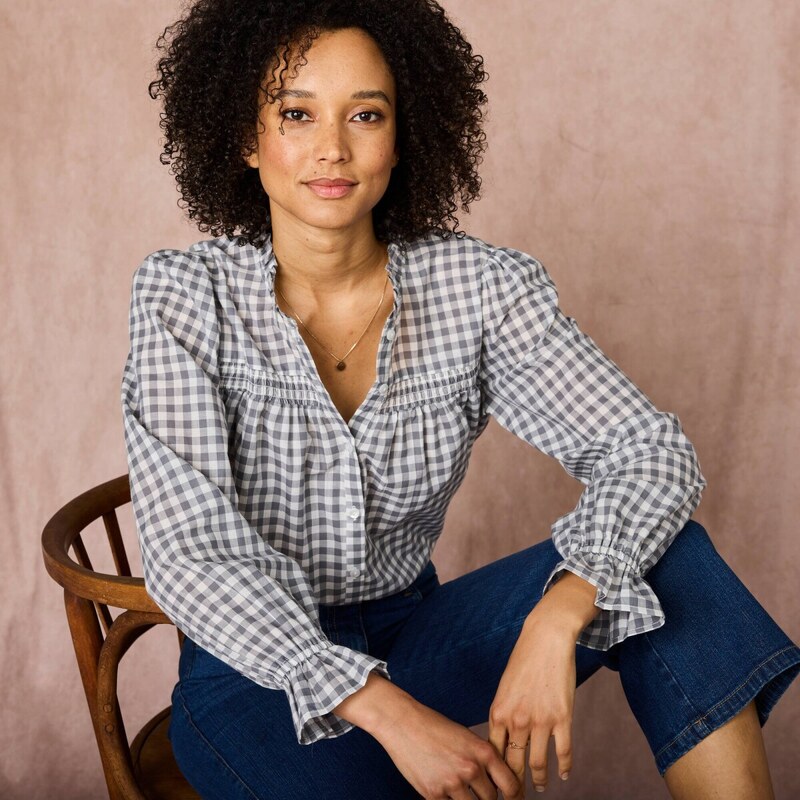 Blúzka s volánikom, žabkovaním a vichy kockou sivá 038 Blancheporte 58166421