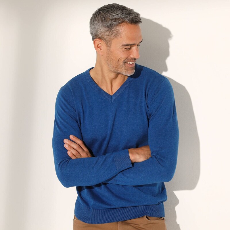 Pulóver s výstrihom do V a dlhými rukávmi modrý melír 086 Blancheporte 62021066