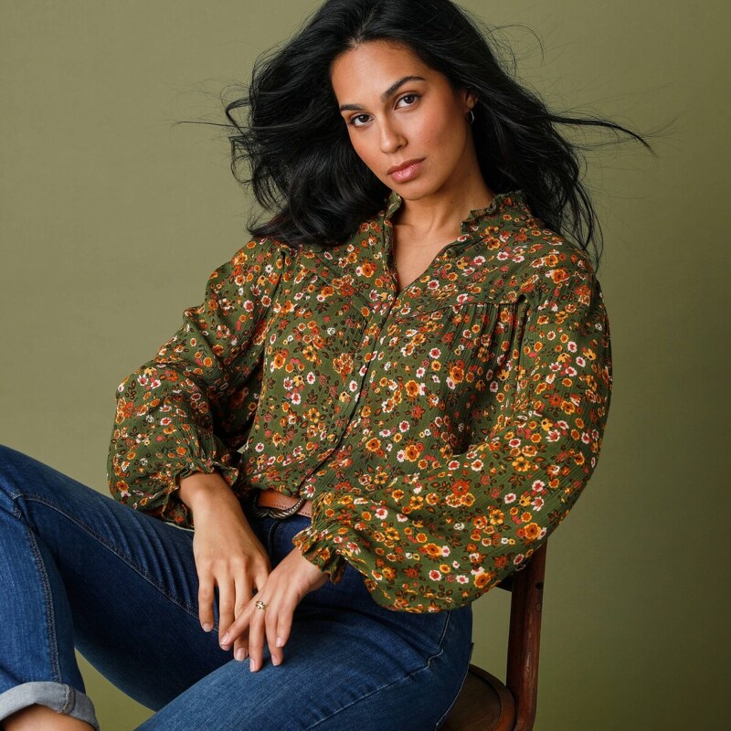 Krepónová blúzka s volánikmi a potlačou khaki/medová 042 Blancheporte 57360273