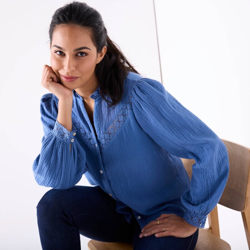 Košeľová blúzka s macramé indigo 036 Blancheporte 56068055