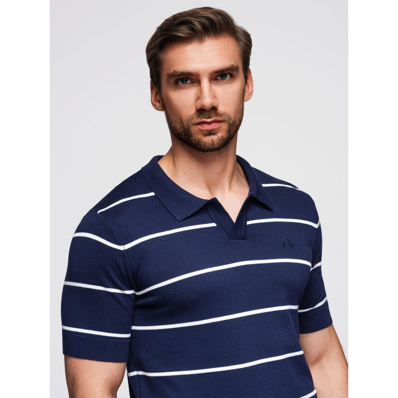 Ombre Mens horizontal striped polo shirt with viscose - navy blue and 64791137
