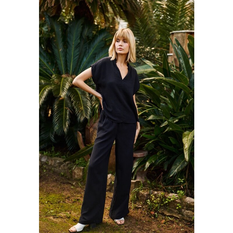 Marisse Black Cotton Wide-Leg Trousers 65004498