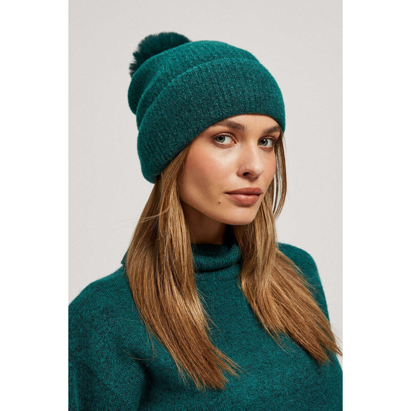 Marisse Warm Knitted Hat With A Pompom, Emerald Green 65022598