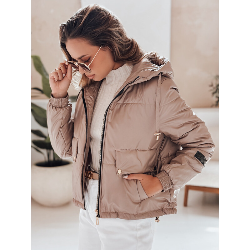 BASIC Smotanová lesklá dámska prešívaná bunda ARON s kapucňou TY4398 58391760