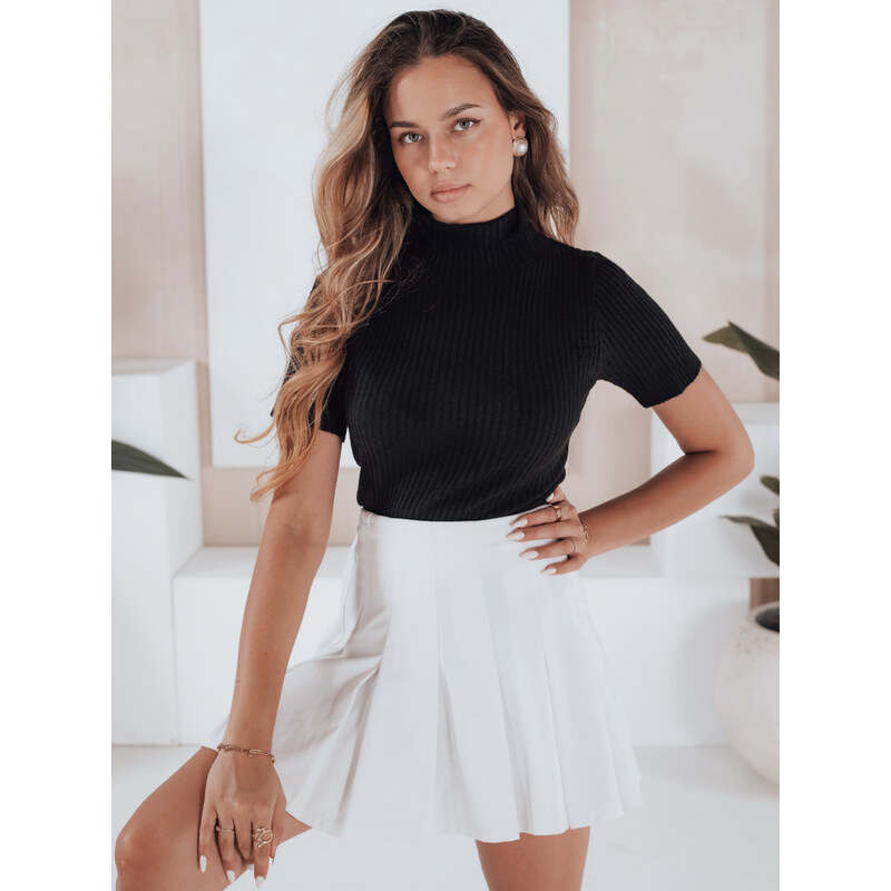 BASIC Čierny dámsky rebrovaný sveter s krátkymi rukávmi a rolákom 65067383