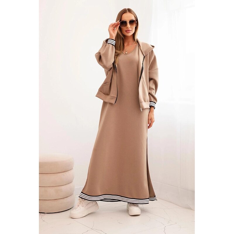 MladaModa Komplet dlhých šiat a mikiny na zips model 00103 farba fango 65082529