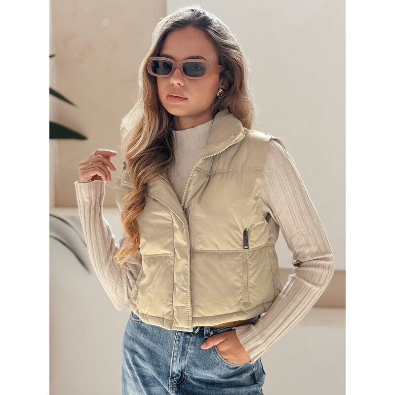 BASIC Béžová dámska krátka prešívaná vesta s vysokým golierom TY5195 65120229