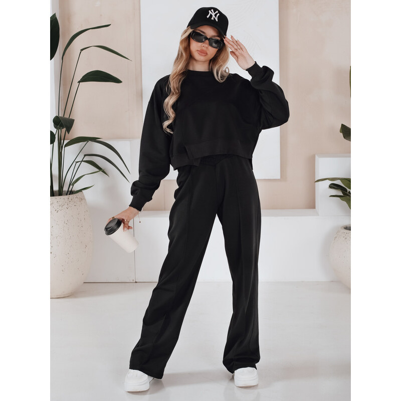 BASIC Čierna tepláková súprava širokých nohavíc a crop mikiny RINGY 52671214