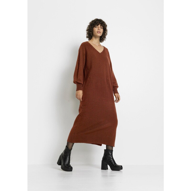 bonprix Pletené šaty, oversize, midi dĺžka, farba hnedá 45720296
