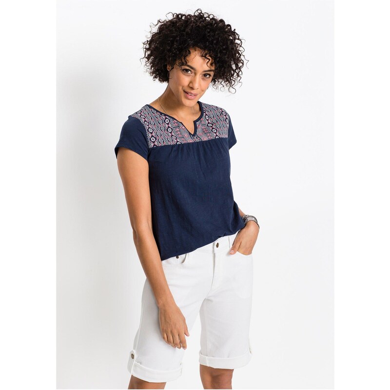 bonprix Tričko so strihom do A, s potlačou, krátky rukáv, farba modrá 44957327