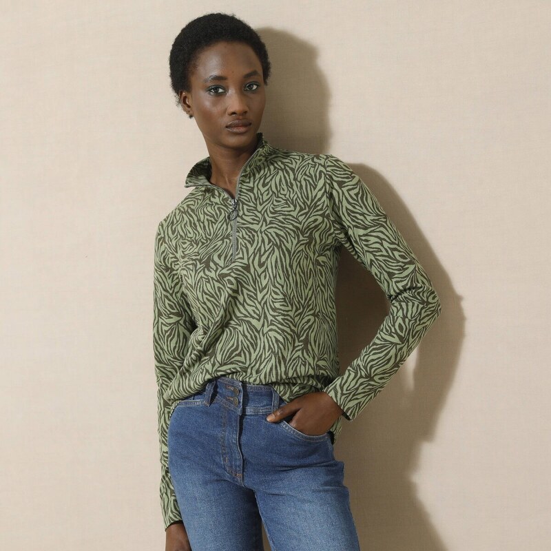 Tričko so stojačikom na zips a zebrím vzorom khaki 048 Blancheporte 57058895