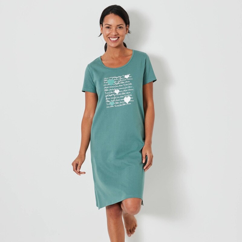 Krátka nočná košeľa s potlačou sŕdc a krátkymi rukávmi khaki 054 65217603