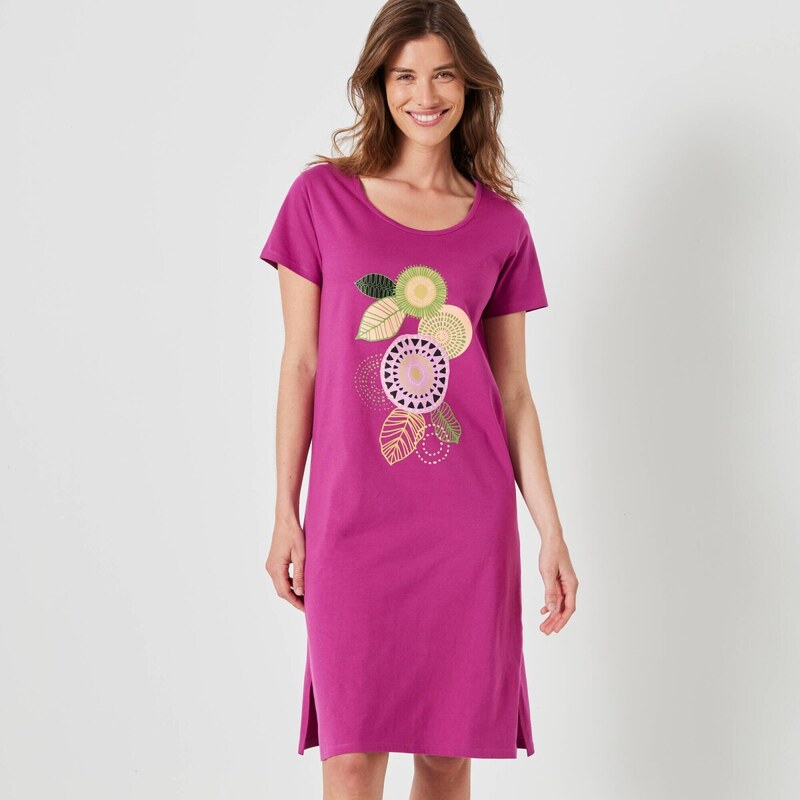 Krátka nočná košeľa s potlačou roziet a krátkymi rukávmi purpurová 056 65217602