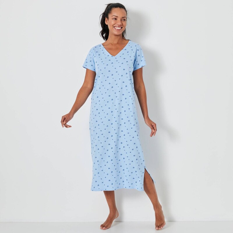 Dlhá nočná košeľa s krátkymi rukávmi a potlačou kvetiniek ľadovomodrá 65217624