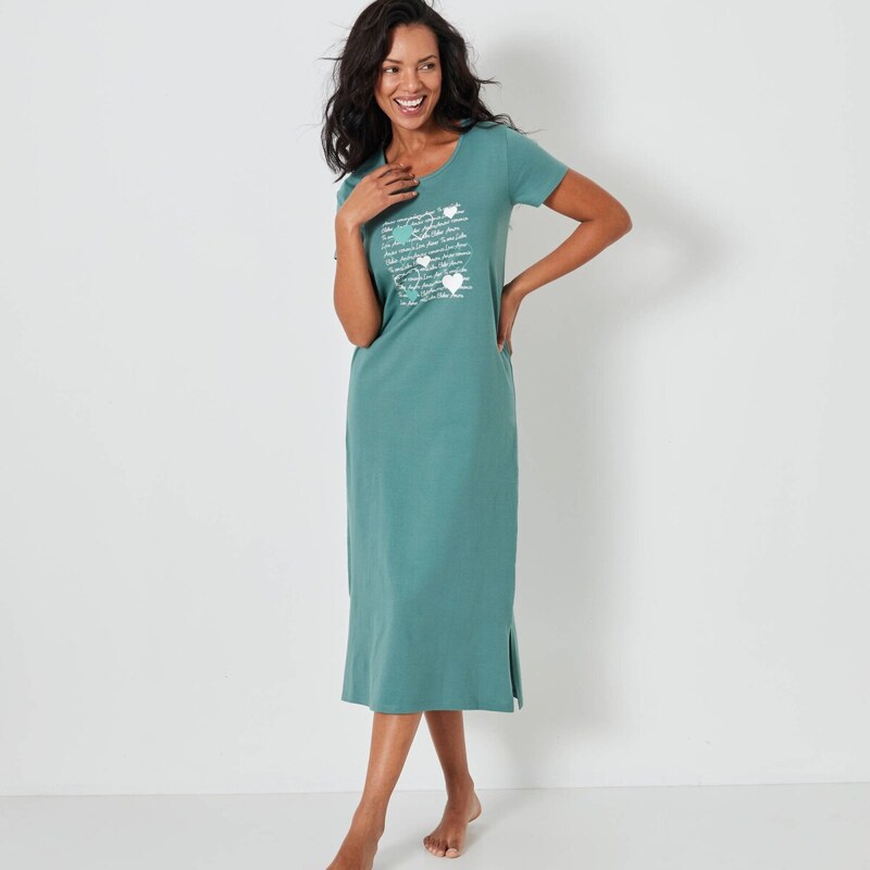 Dlhá nočná košeľa s krátkymi rukávmi a potlačou sŕdc khaki 058 65217629