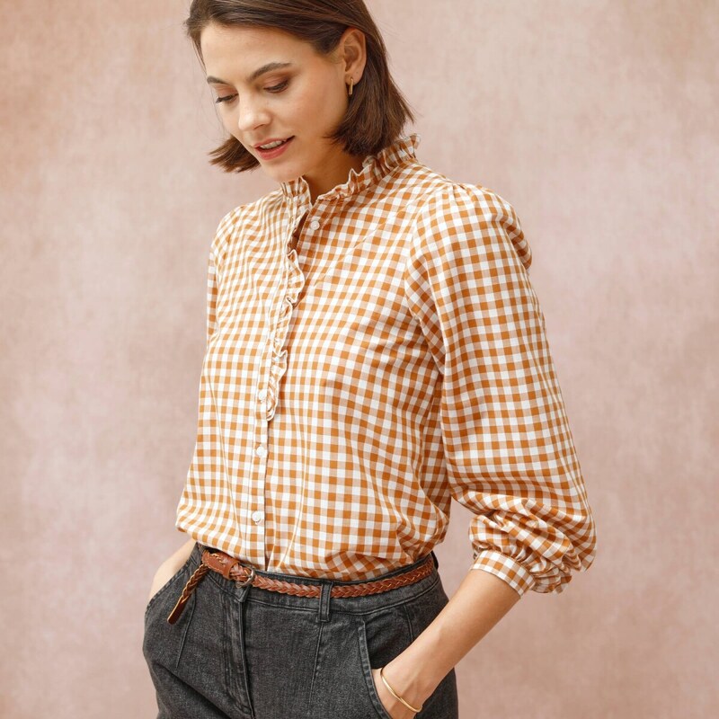 Kockovaná blúzka s volánom oriešková/ražná 054 Blancheporte 65217673