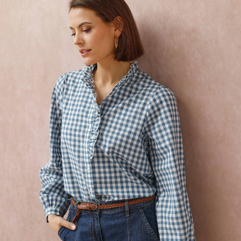 Kockovaná blúzka s volánom modrá/ražná 050 Blancheporte 65217665