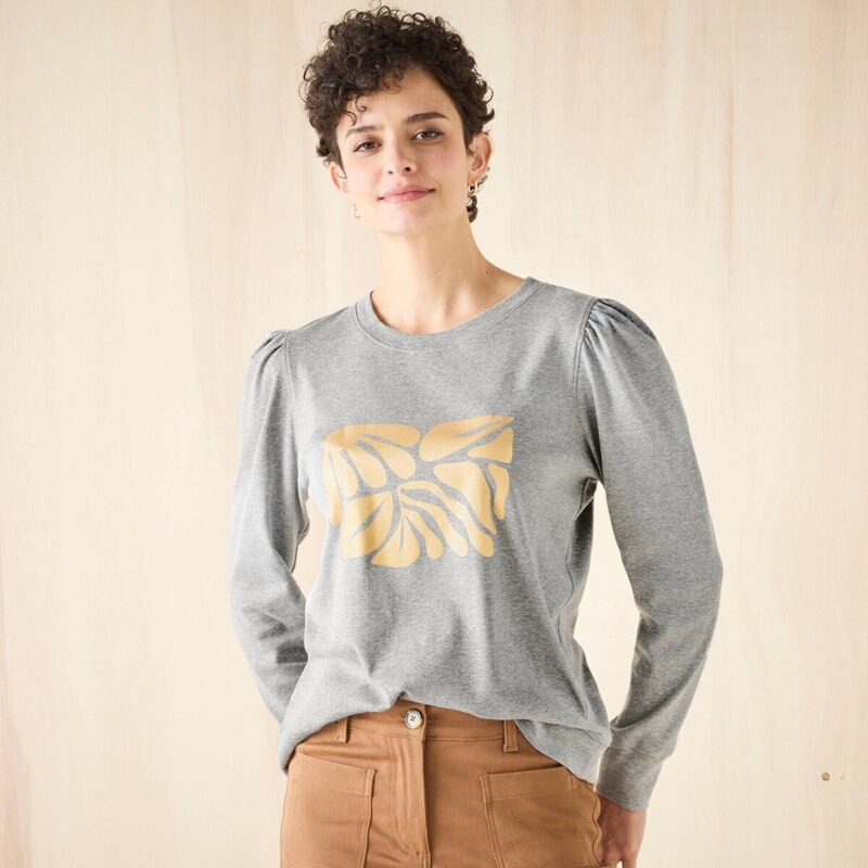 Tričko s dlhými rukávmi s potlačou sivý melír 052 Blancheporte 65217706