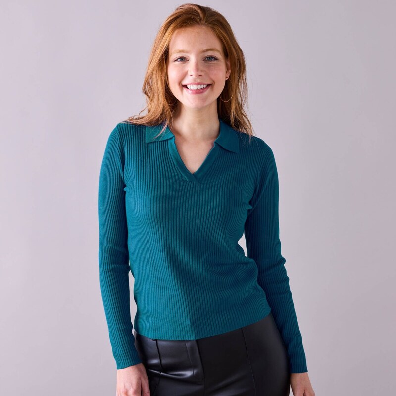 Pulóver s polo golierom petrolejová 054 Blancheporte 65217726