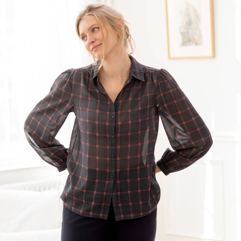 Šifónová kockovaná blúzka antracitová/bordó 054 Blancheporte 65217776