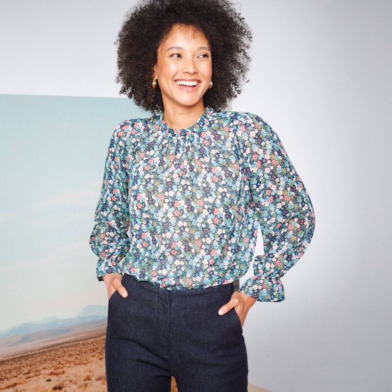 Voálová blúzka so stojačikom a potlačou tmavomodrá/zelená 054 65217790