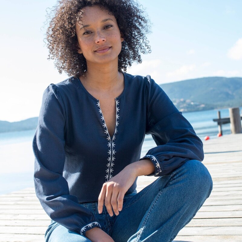 Jednofarebná blúzka s výšivkou a prestrihom vo výstrihu nám. modrá 038 65217799