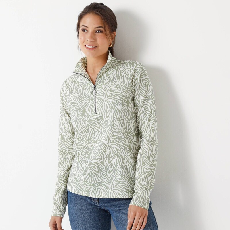 Tričko so stojačikom na zips a potlačou zelenkastá 052 Blancheporte 65217802