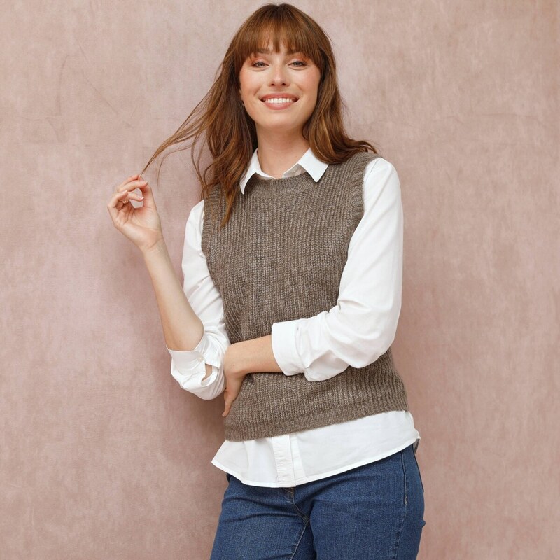 Vesta z hladkého úpletu s okrúhlym výstrihom hnedosivý melír 048 65218509