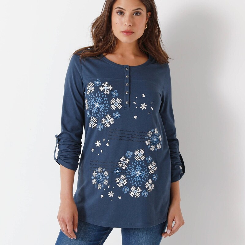 Tunika s výstrihom na gombíky a potlačou modrosivá 036 Blancheporte 65218512