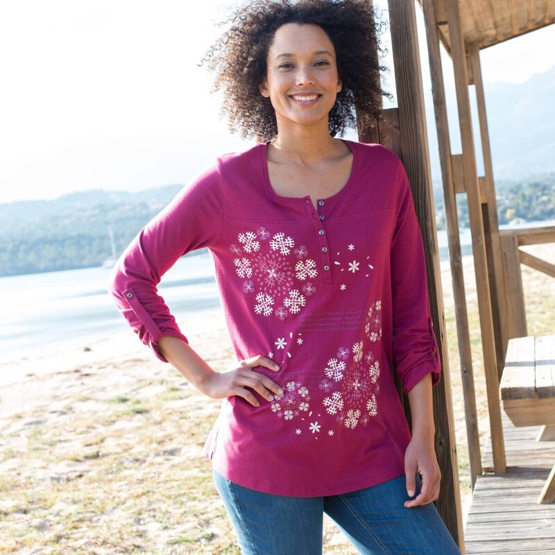 Tunika s výstrihom na gombíky a potlačou slivková 058 Blancheporte 65218511