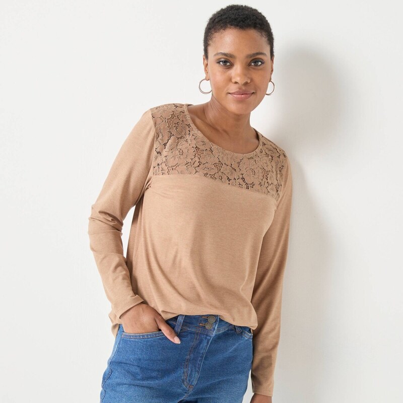 Tričko s okrúhlym výstrihom, dlhými rukávmi a čipkou orieškový melír 65218519