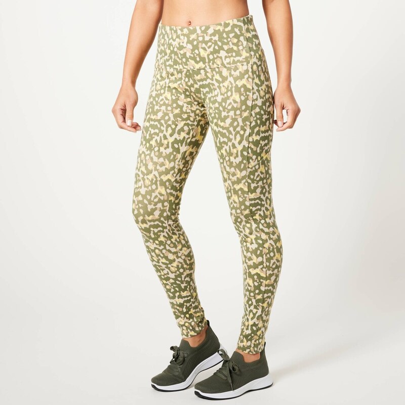 Legíny s vreckami a potlačou, recyklovaný polyester khaki 054 65218544