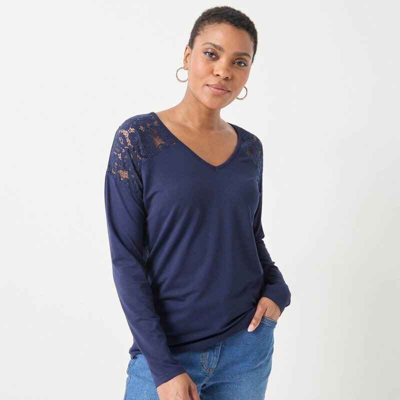 Tričko s výstrihom do V, dlhými rukávmi a čipkou nám. modrá 036 65218557