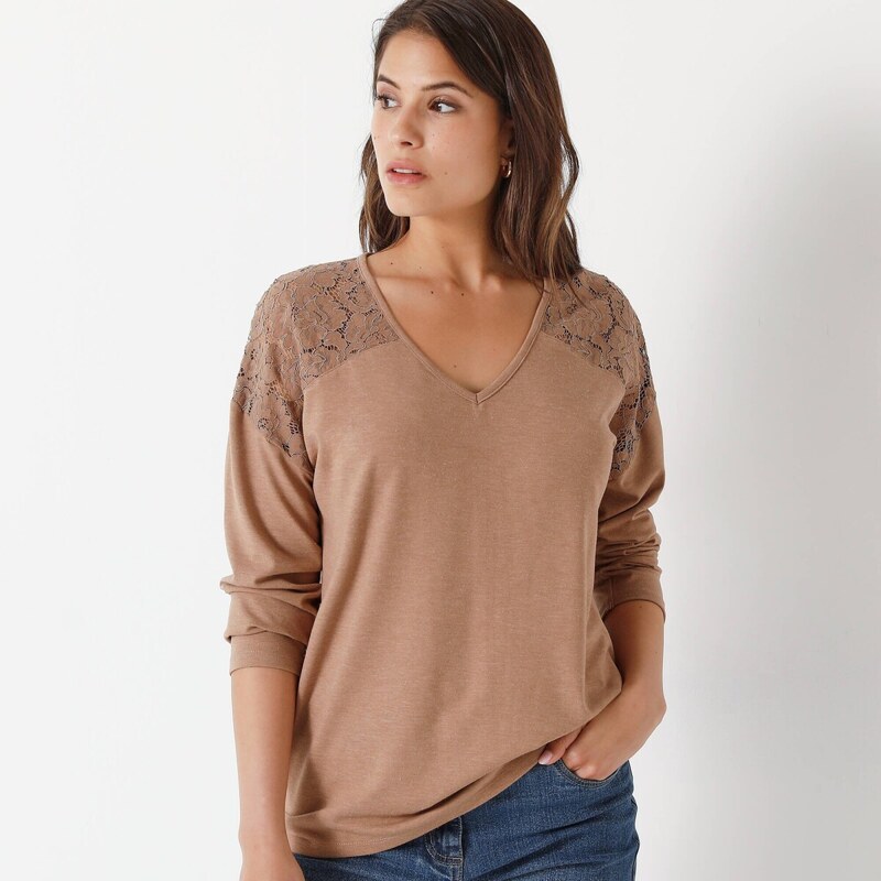 Tričko s výstrihom do V, dlhými rukávmi a čipkou orieškový melír 044 65218555