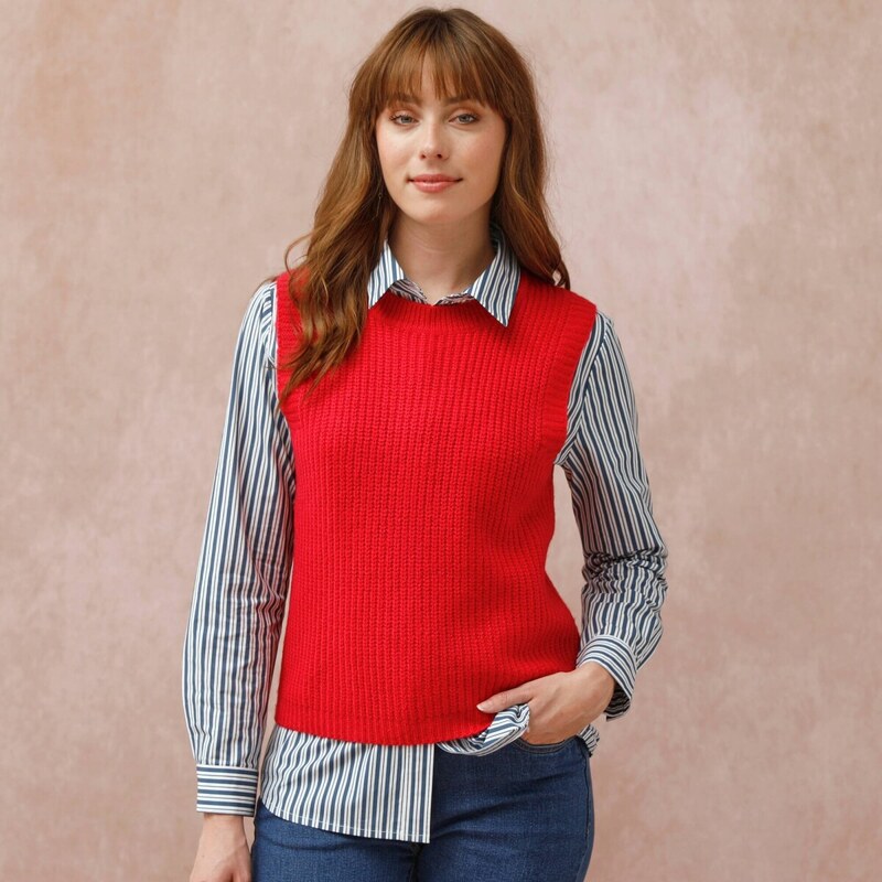 Vesta z hladkého úpletu s okrúhlym výstrihom červená 036 Blancheporte 65218562