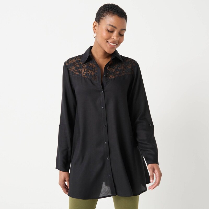 Jednofarebná rozšírená tunika s gombíkmi a čipkou čierna 044 65218624