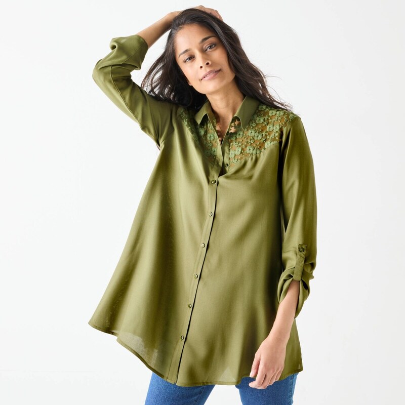 Jednofarebná rozšírená tunika s gombíkmi a čipkou lipová 058 65218625