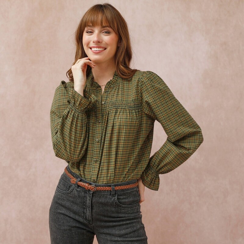 Kockovaná blúzka s volánikom a žabkovaním khaki 054 Blancheporte 65218646