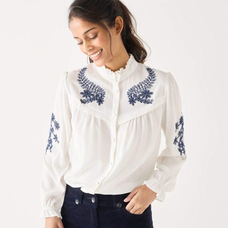 Košeľová krepónová blúzka s výšivkou ražná/nám. modrá 048 Blancheporte 65218655