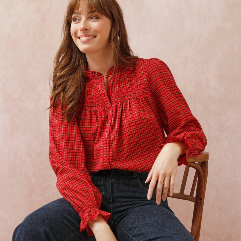 Kockovaná blúzka s volánikom a žabkovaním červená 050 Blancheporte 65218659