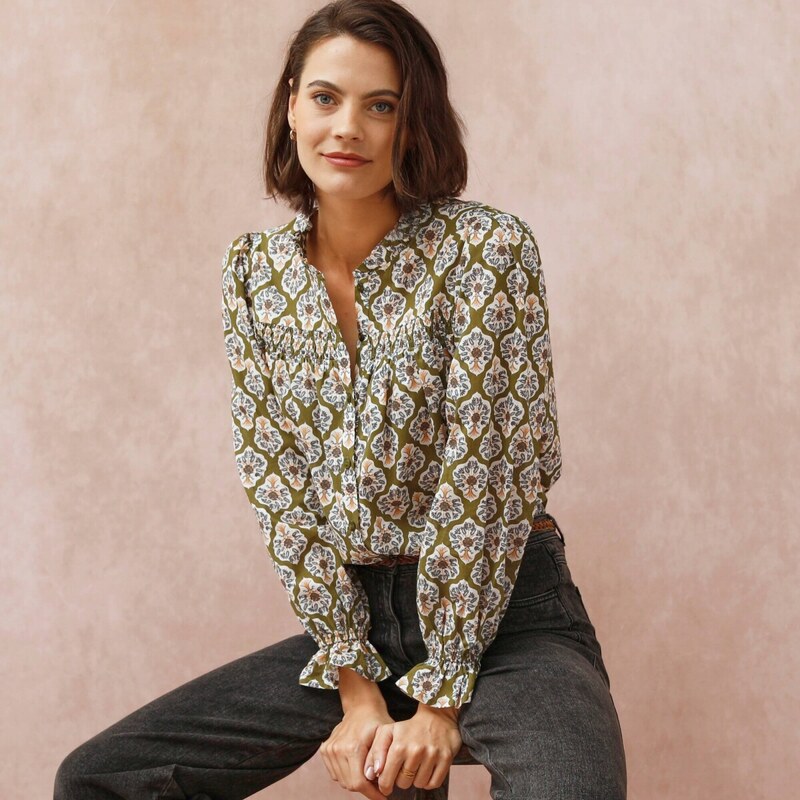 Blúzka s volánikom, žabkovaním a potlačou khaki/ražná 054 Blancheporte 65218660