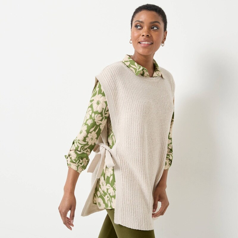 Dlhá vesta z hladkého úpletu s viazačkami na bokoch béžový melír 058 65218701