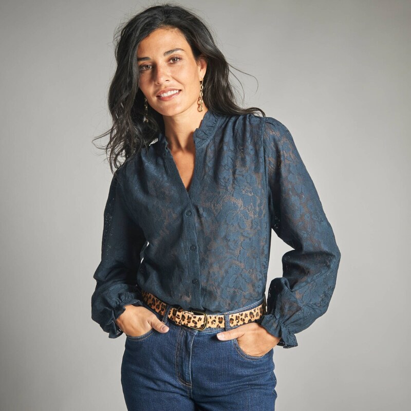 Blúzka z kvetovanej čipky s volánikmi indigo 036 Blancheporte 65218749