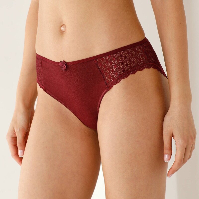 Súprava 2 jednofarebných midi nohavičiek Coria z bavlny a čipky bordó 65218770