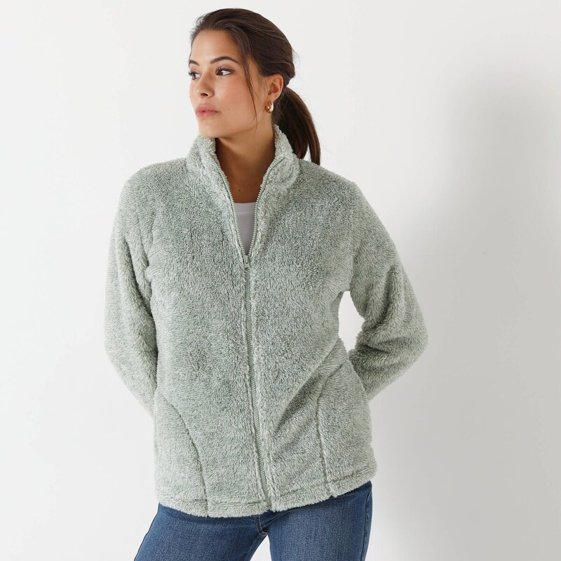 Plyšová bunda na zips zelenkastá melír 044 Blancheporte 65218795