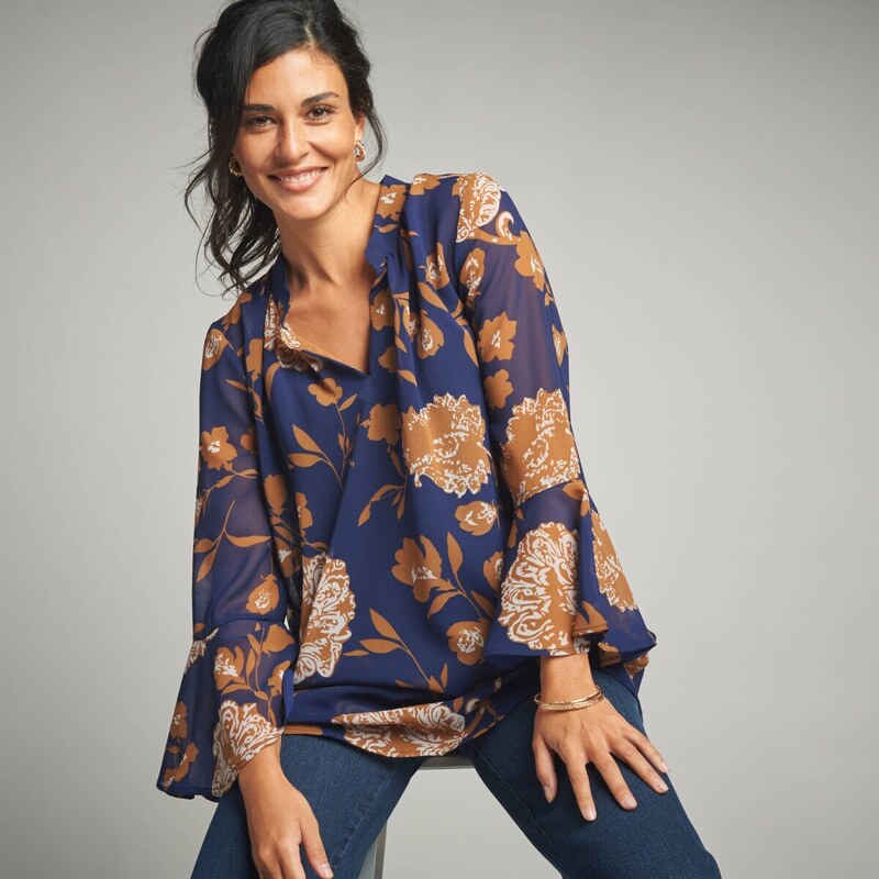 Tunika s rozšírenými rukávmi a potlačou indigo/karamelová 050 65218801