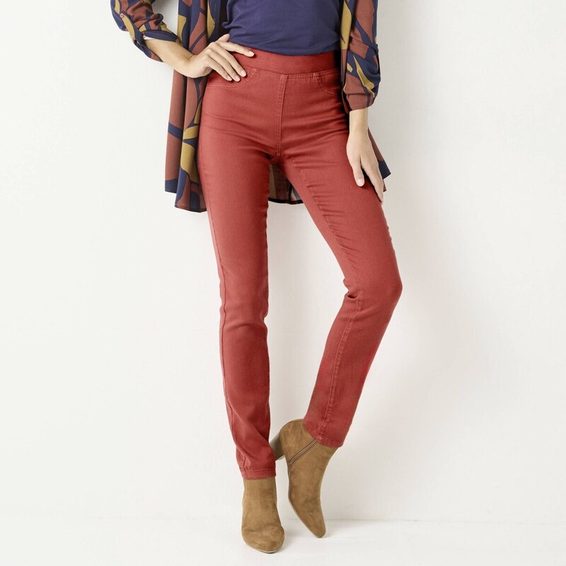 Pohodlné džegíny s pružným pásom, pre nižšiu postavu tomatová 054 65218874