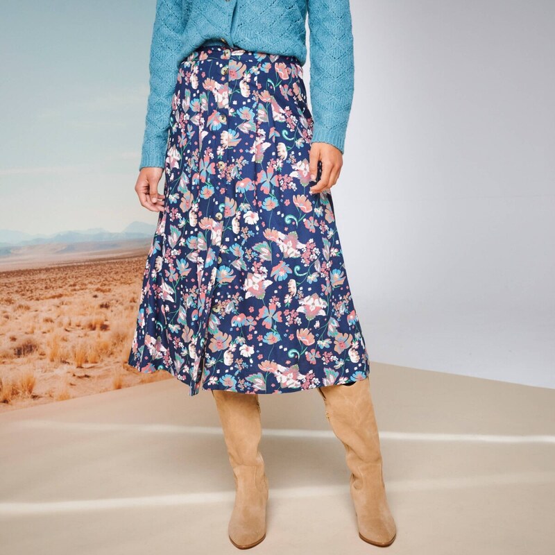 Midi sukňa s gombíkmi a potlačou tmavomodrá/ružová 054 Blancheporte 65218878